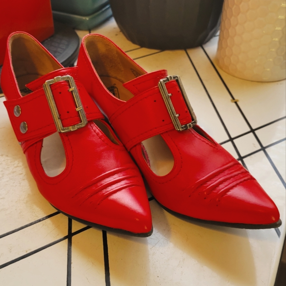 John Fluevog Lipstick Red Pilgrims - Worn Once - Color Discontinued.